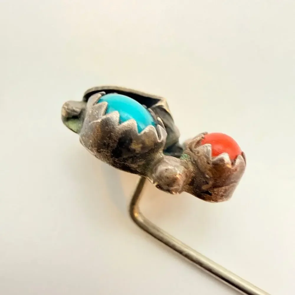 Vintage Sterling Silver Southwest Navajo Turquoise Coral Leaf Stick Pin